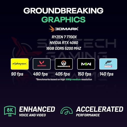 Skytech Shadow Gaming PC Desktop, Ryzen 7 7700 3.8 GHz (5.3GHz Turbo Boost), NVIDIA RTX 4060 8GB GDDR6, 1TB SSD, 16GB DDR5 RAM 5200, 650W Gold PSU, Wi-Fi, Win 11 Home