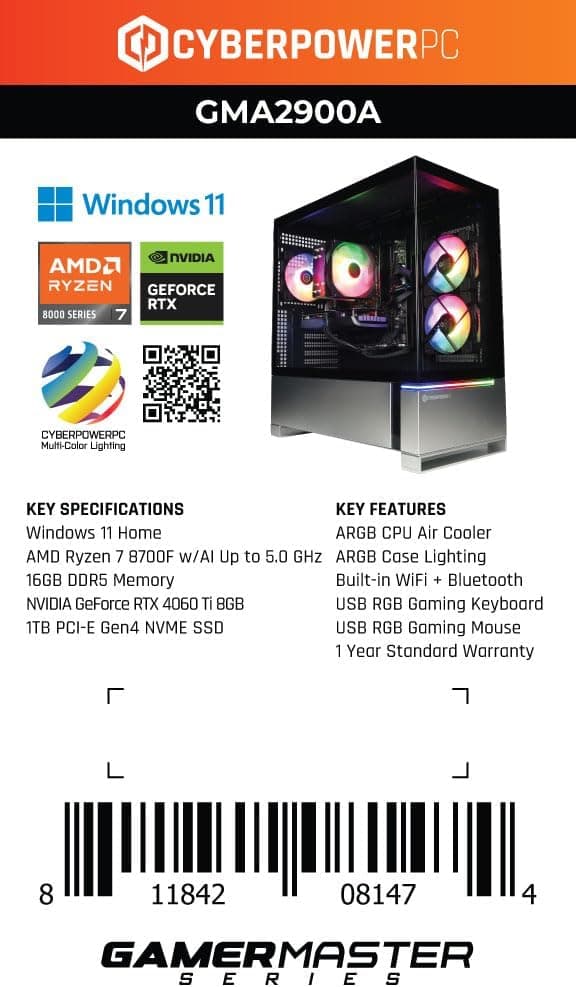 CyberPowerPC Gamer Master Gaming PC, AMD Ryzen 7 8700F 4.1GHz, GeForce RTX 4060 Ti 8GB, 16GB DDR5, 1TB PCIe Gen4 SSD, WiFi Ready & Windows 11 Home (GMA2900A)